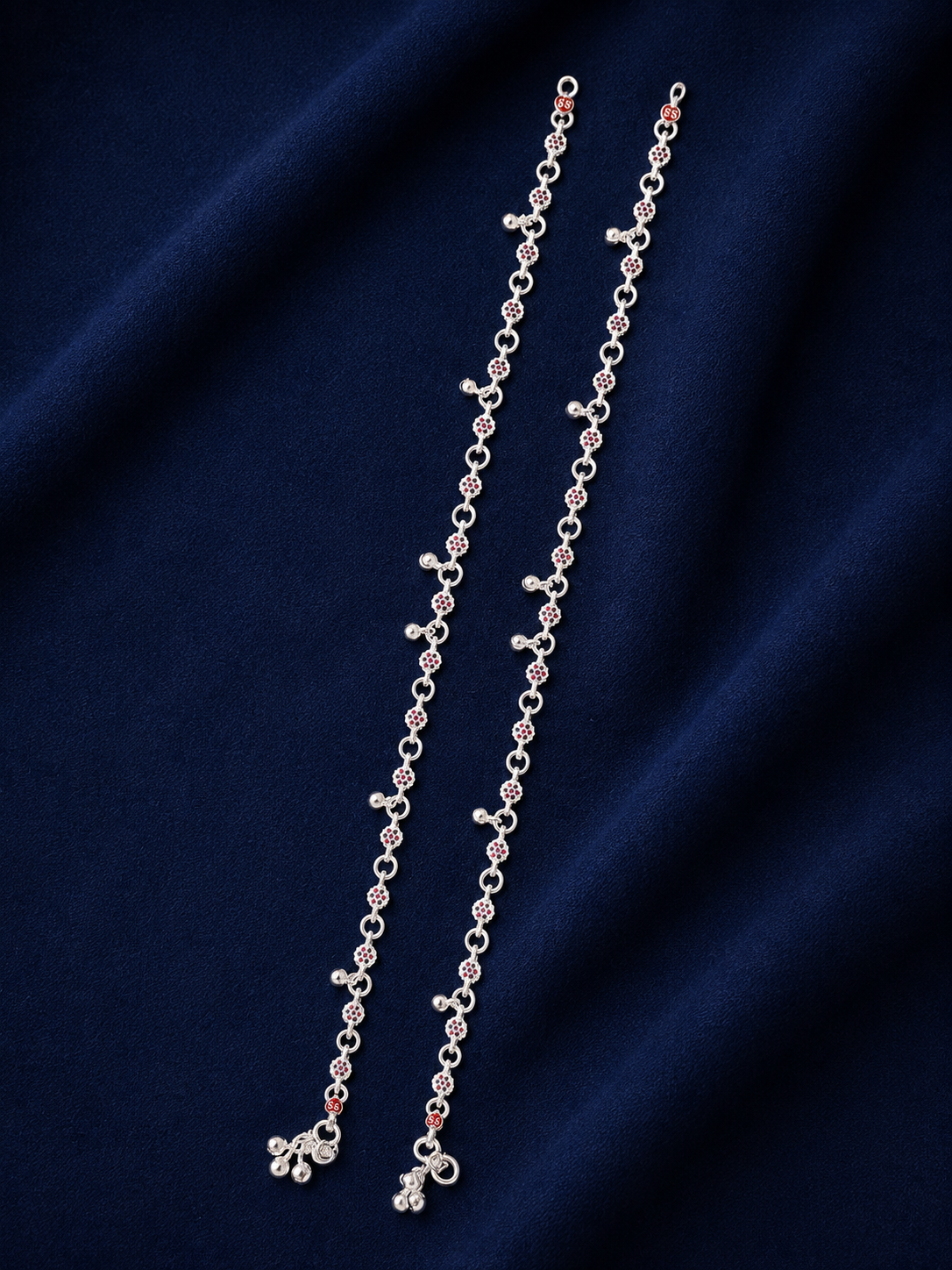 Silver Linked Floral Chain Payal Pair for Women - front view