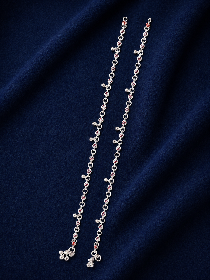 Silver Linked Floral Chain Payal Pair for Women - front view