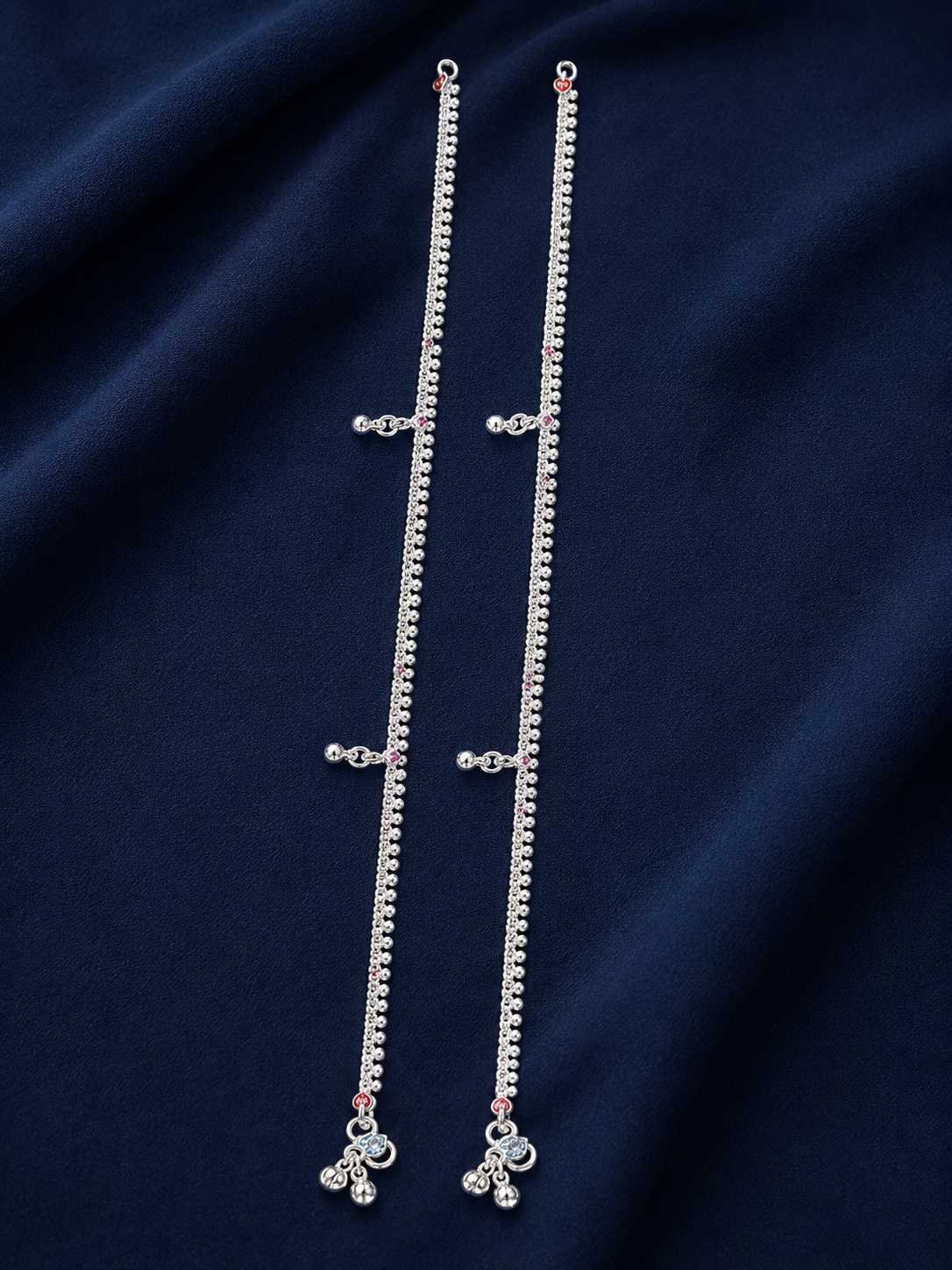 Silver Double Line Floral Charm Payal Pair for Women - front view