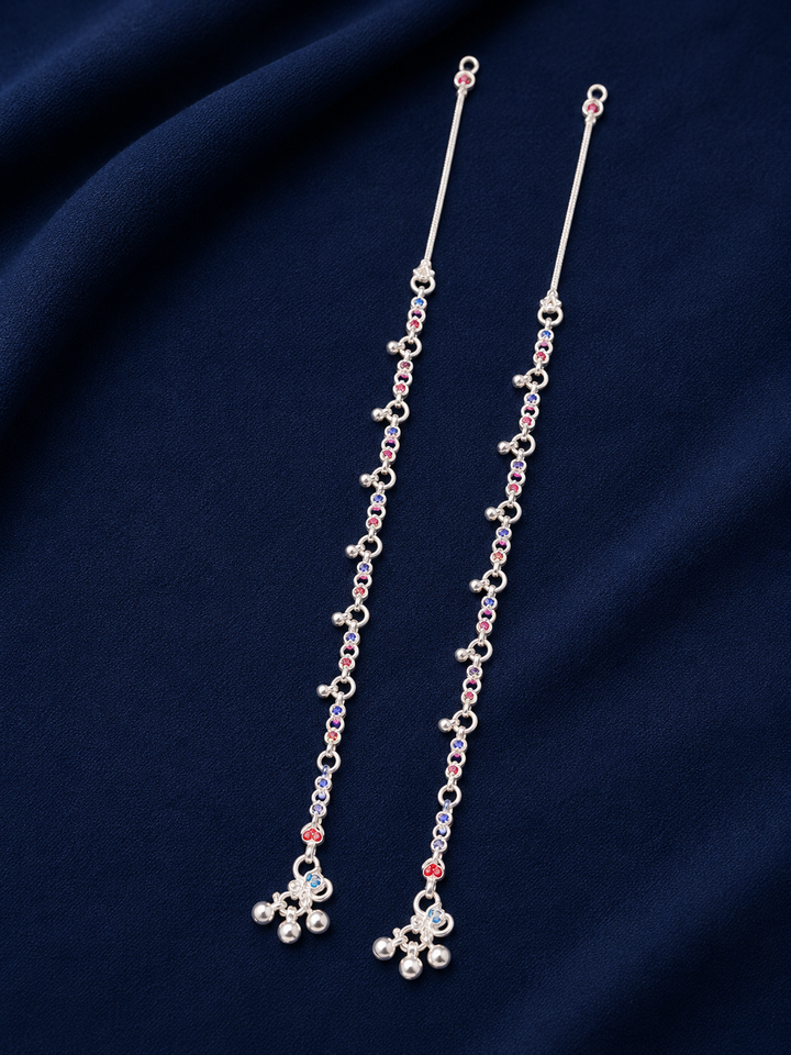 Silver Pink Floral Station Payal Pair for Women - front view