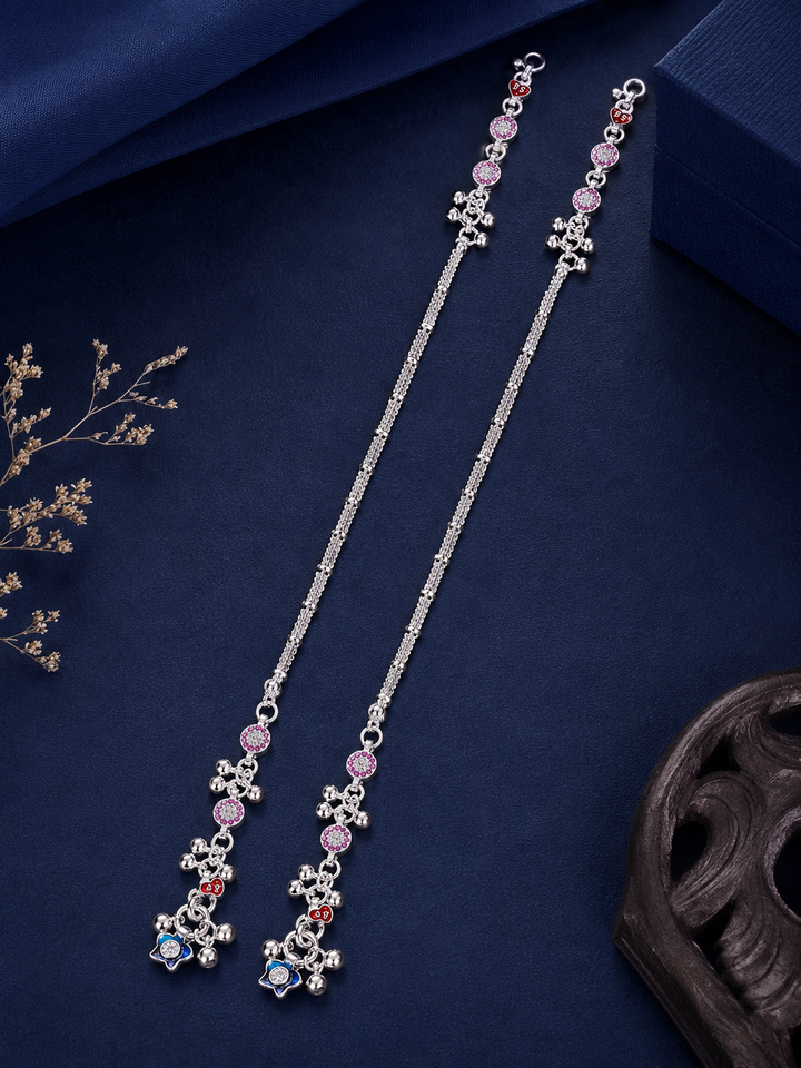 Silver Premium Multicolour Floral Payal Pair for Women - front view