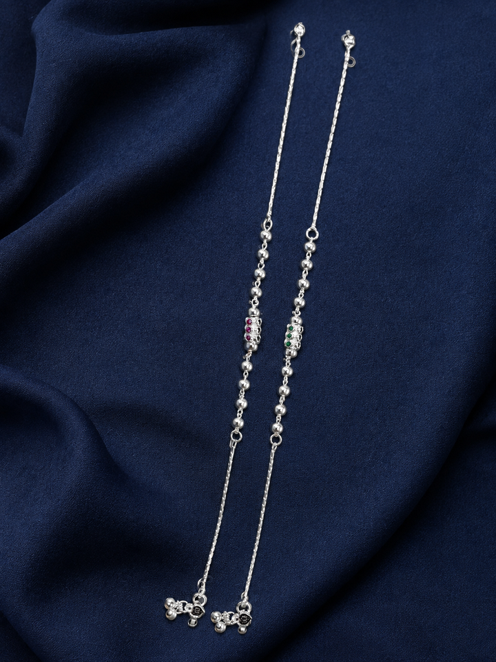 Silver Crystal Leaf Charm Payal Pair for Women - front view