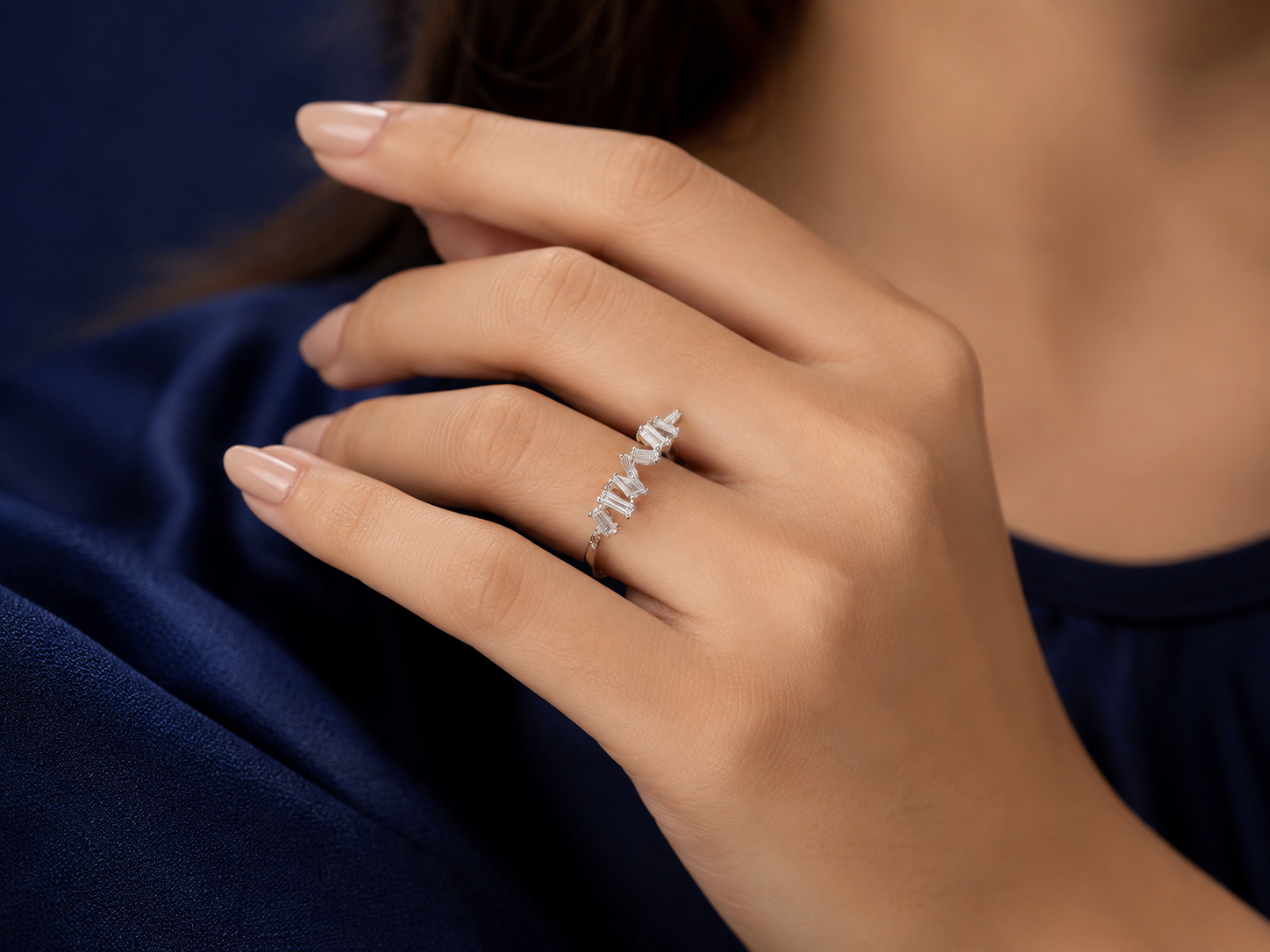 Sterling Silver Zigzag Pavé Band for Women - Silver Finish - front view