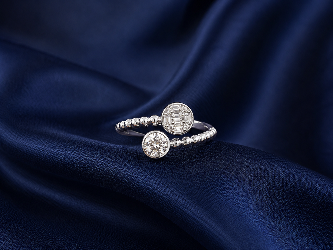 Sterling Silver Beaded Twin-Stone Open Ring for Women - Silver Finish - front view