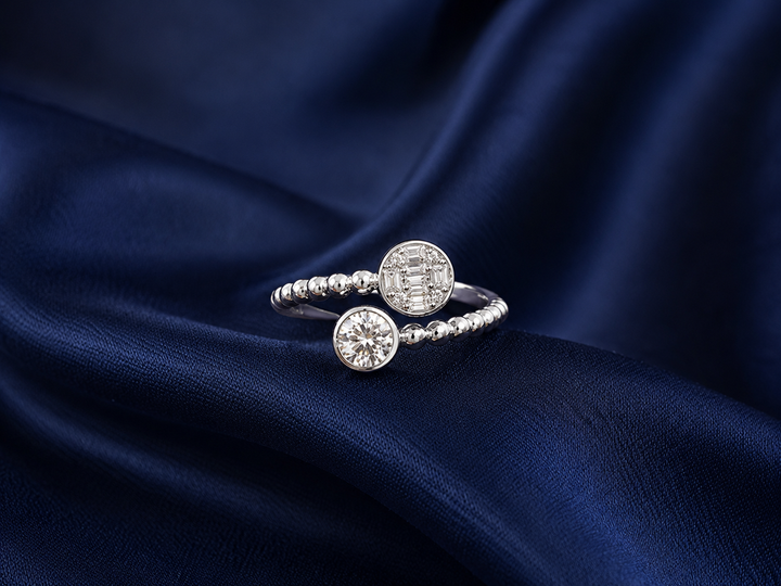 Sterling Silver Beaded Twin-Stone Open Ring for Women - Silver Finish - front view
