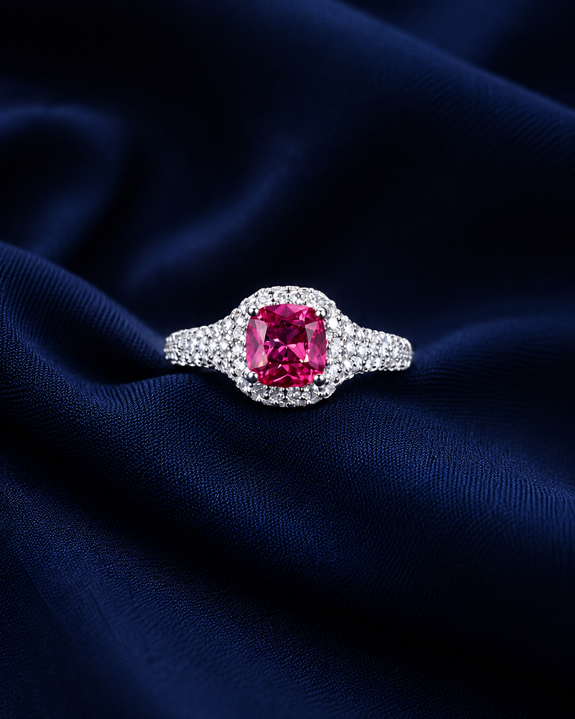 Sterling Silver Pink Cushion Halo Ring for Women - Silver Finish - front view