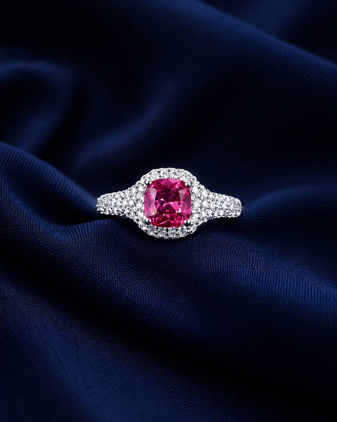 Sterling Silver Pink Cushion Halo Ring for Women - Silver Finish - front view
