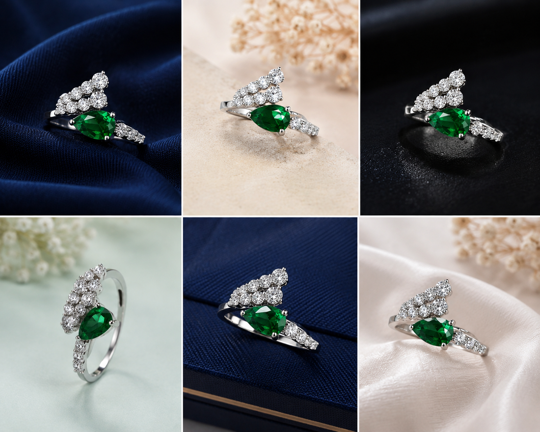 Sterling Silver Green Pear Halo Wrap Ring for Women - Silver Finish - front view