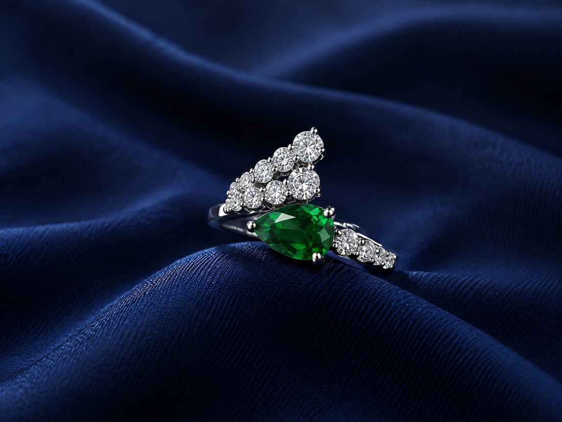Sterling Silver Green Pear Halo Wrap Ring for Women - Silver Finish - alternate view 2