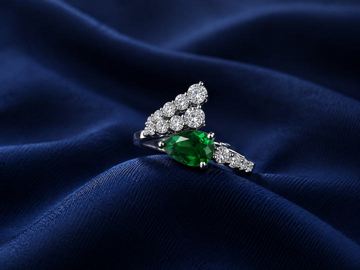 Sterling Silver Green Pear Halo Wrap Ring for Women - Silver Finish - alternate view 2