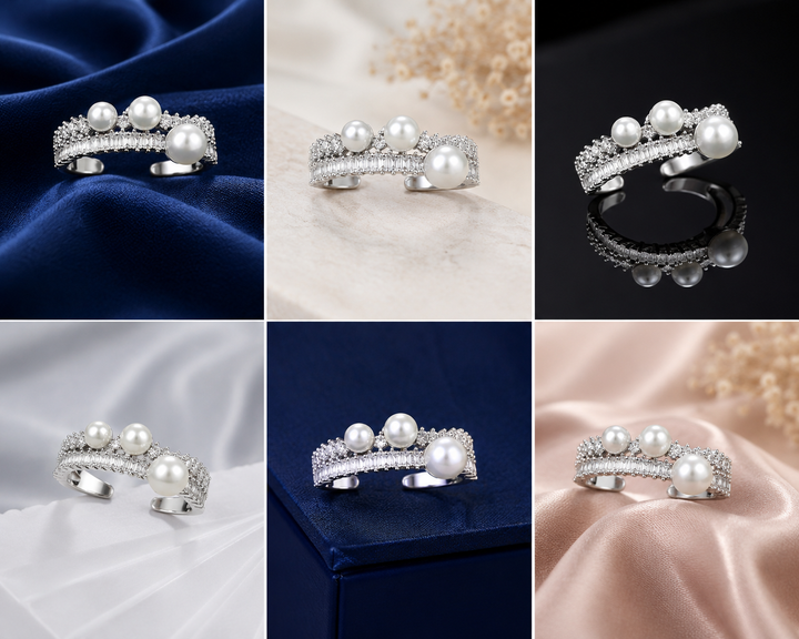 Sterling Silver Pearl Cluster Spiral Ring for Women - Silver Finish - front view