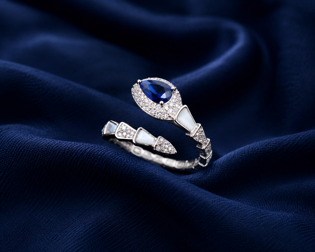 Sterling Silver Blue Pear Bow Open Ring for Women - Silver Finish - front view