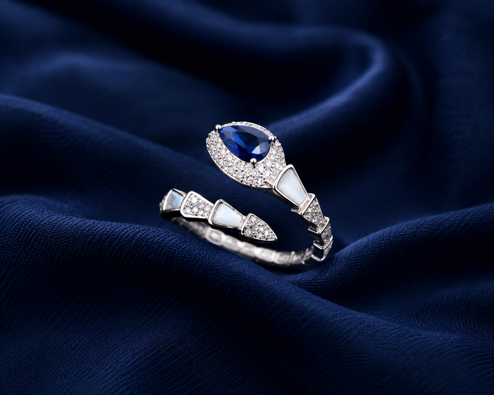 Sterling Silver Blue Pear Bow Open Ring for Women - Silver Finish - front view
