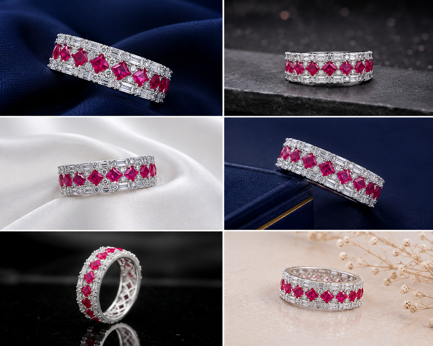 Sterling Silver Ruby Princess-Cut Eternity Band for Women - Silver Finish - front view