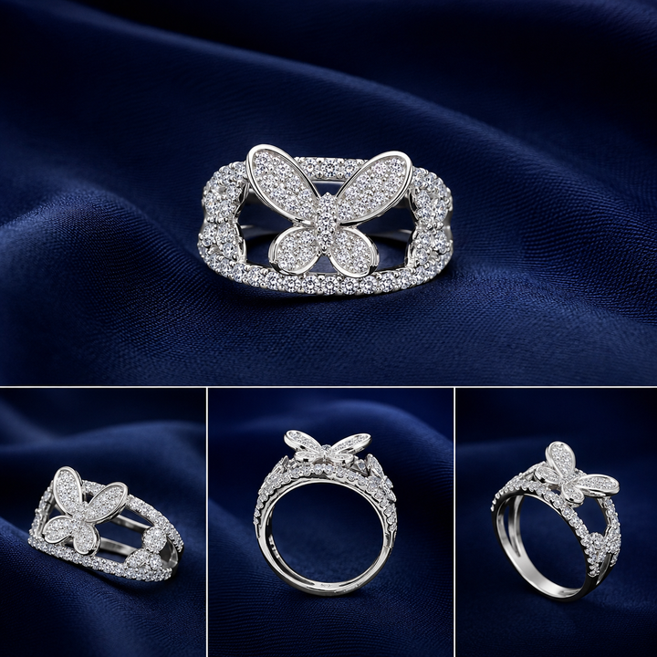 Sterling Silver Butterfly Outline Pavé Ring for Women - Silver Finish - front view