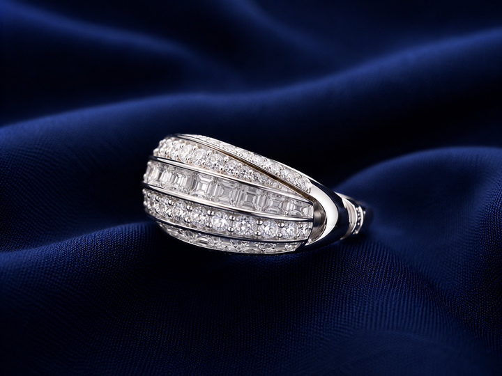 Sterling Silver Layered Baguette Dome Ring for Women - Silver Finish - front view