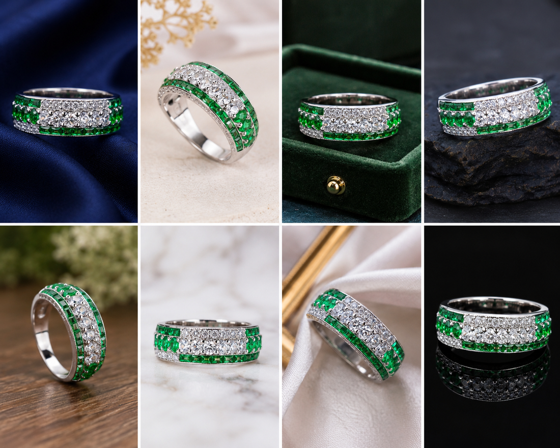 Sterling Silver Green Double-Row Eternity Band for Women - Silver Finish - front view