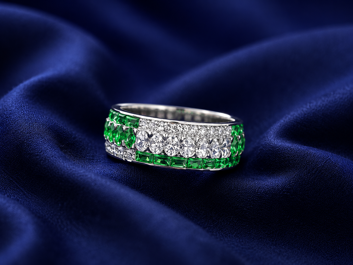 Sterling Silver Green Double-Row Eternity Band for Women - Silver Finish - alternate view 2