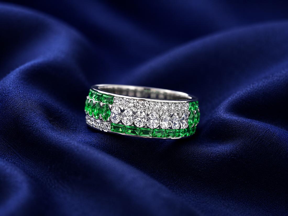 Sterling Silver Green Double-Row Eternity Band for Women - Silver Finish - alternate view 2