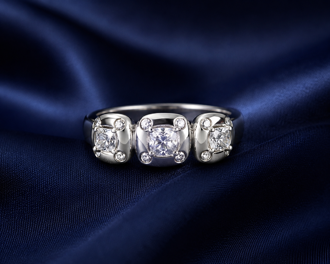 Sterling Silver Three-Stone Halo Ring for Women - Silver Finish - front view