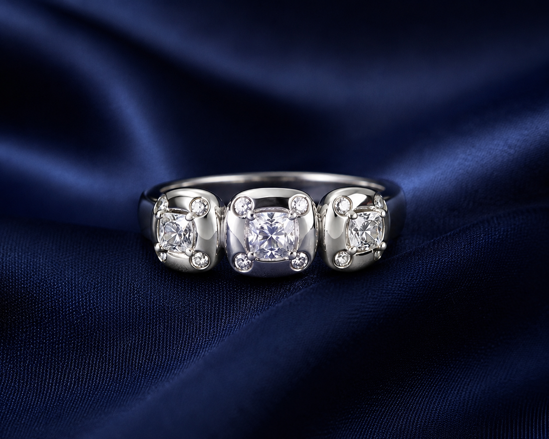 Sterling Silver Three-Stone Halo Ring for Women - Silver Finish - front view