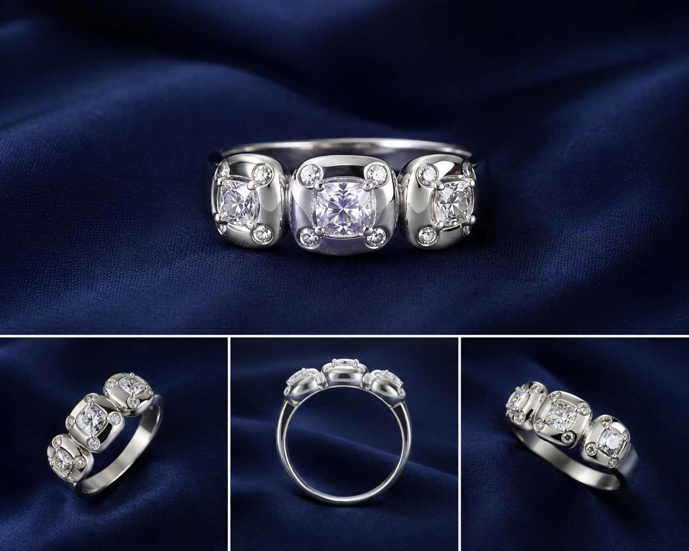 Sterling Silver Three-Stone Halo Ring for Women - Silver Finish - alternate view 2