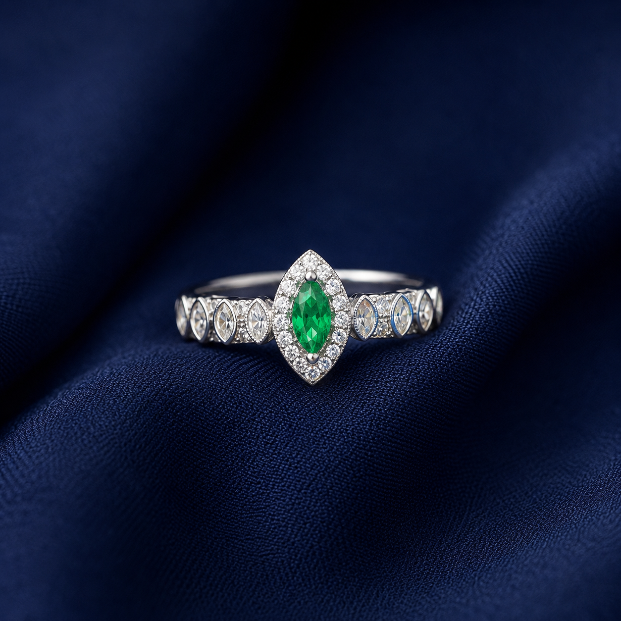 Sterling Silver Green Marquise Halo Ring for Women - Silver Finish - front view
