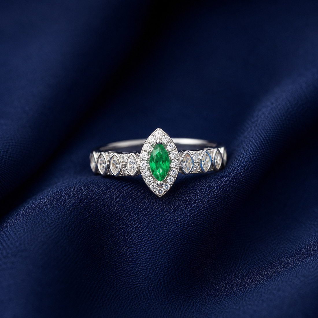 Sterling Silver Green Marquise Halo Ring for Women - Silver Finish - front view
