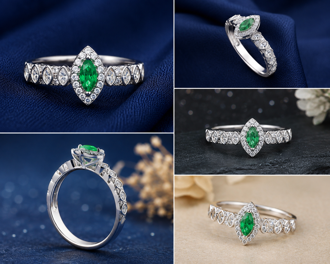 Sterling Silver Green Marquise Halo Ring for Women - Silver Finish - alternate view 2