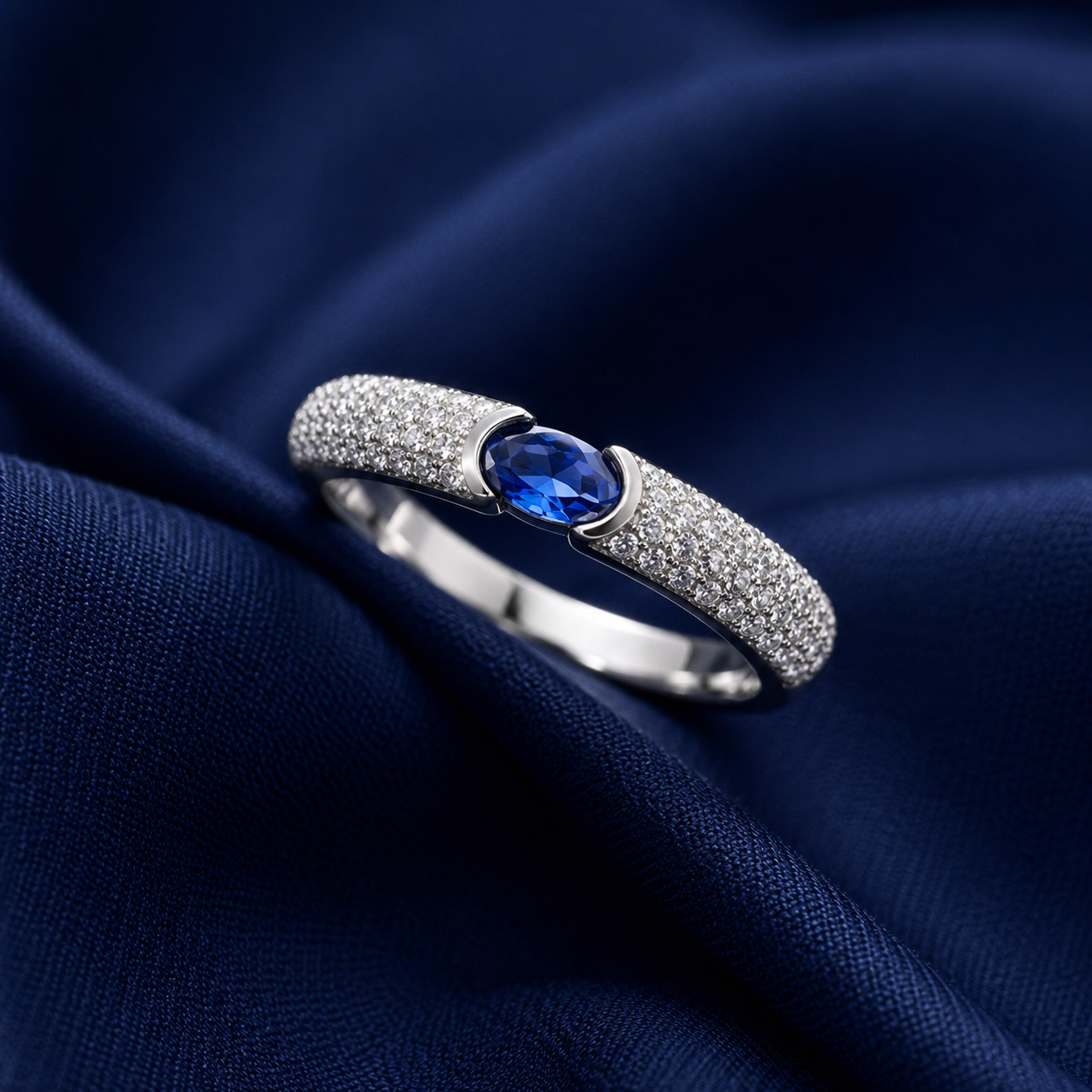 Sterling Silver Blue Oval Pavé Signet Ring for Women - Silver Finish - front view