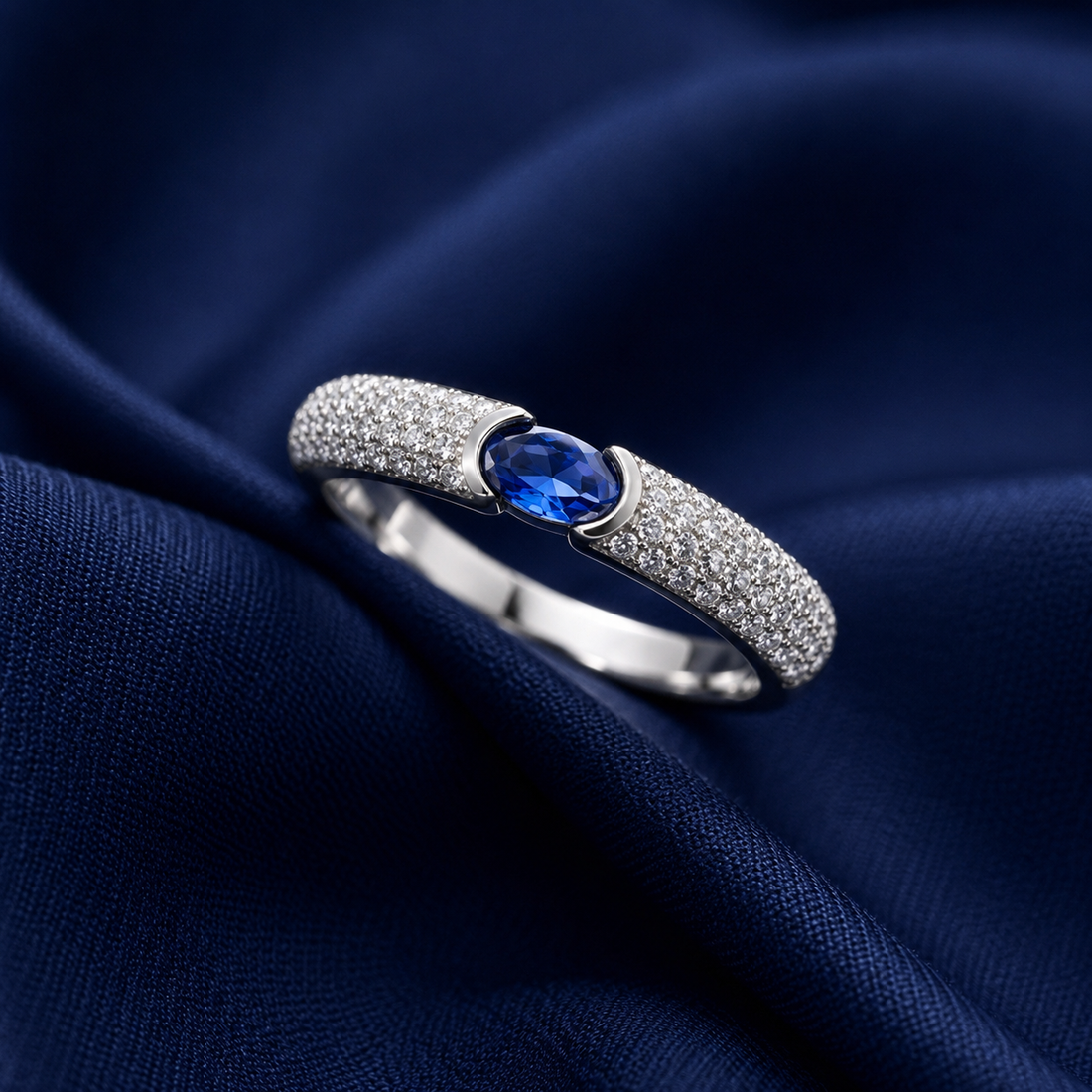 Sterling Silver Blue Oval Pavé Signet Ring for Women - Silver Finish - front view