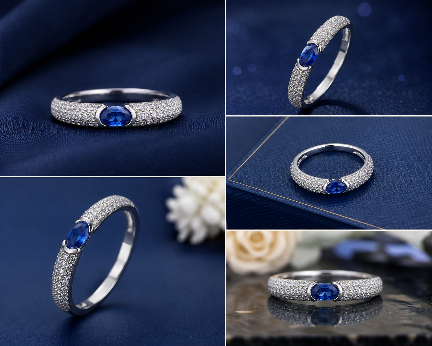 Sterling Silver Blue Oval Pavé Signet Ring for Women - Silver Finish - alternate view 2