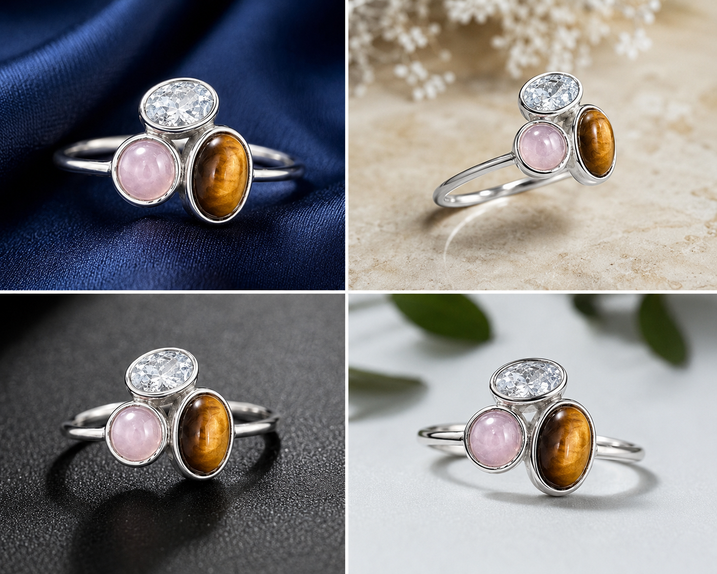 Sterling Silver Triple Cabochon Open Ring for Women - Silver Finish - front view