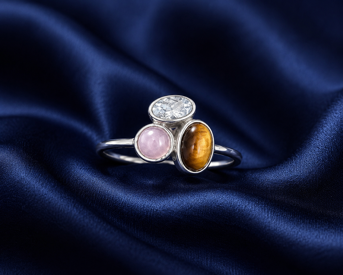 Sterling Silver Triple Cabochon Open Ring for Women - Silver Finish - alternate view 2