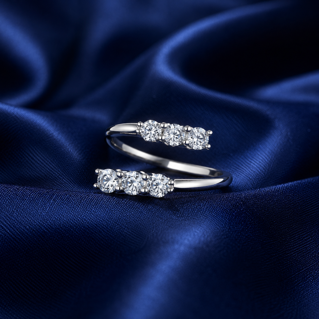 Sterling Silver Twin Five-Stone Bands Ring for Women - Silver Finish - front view