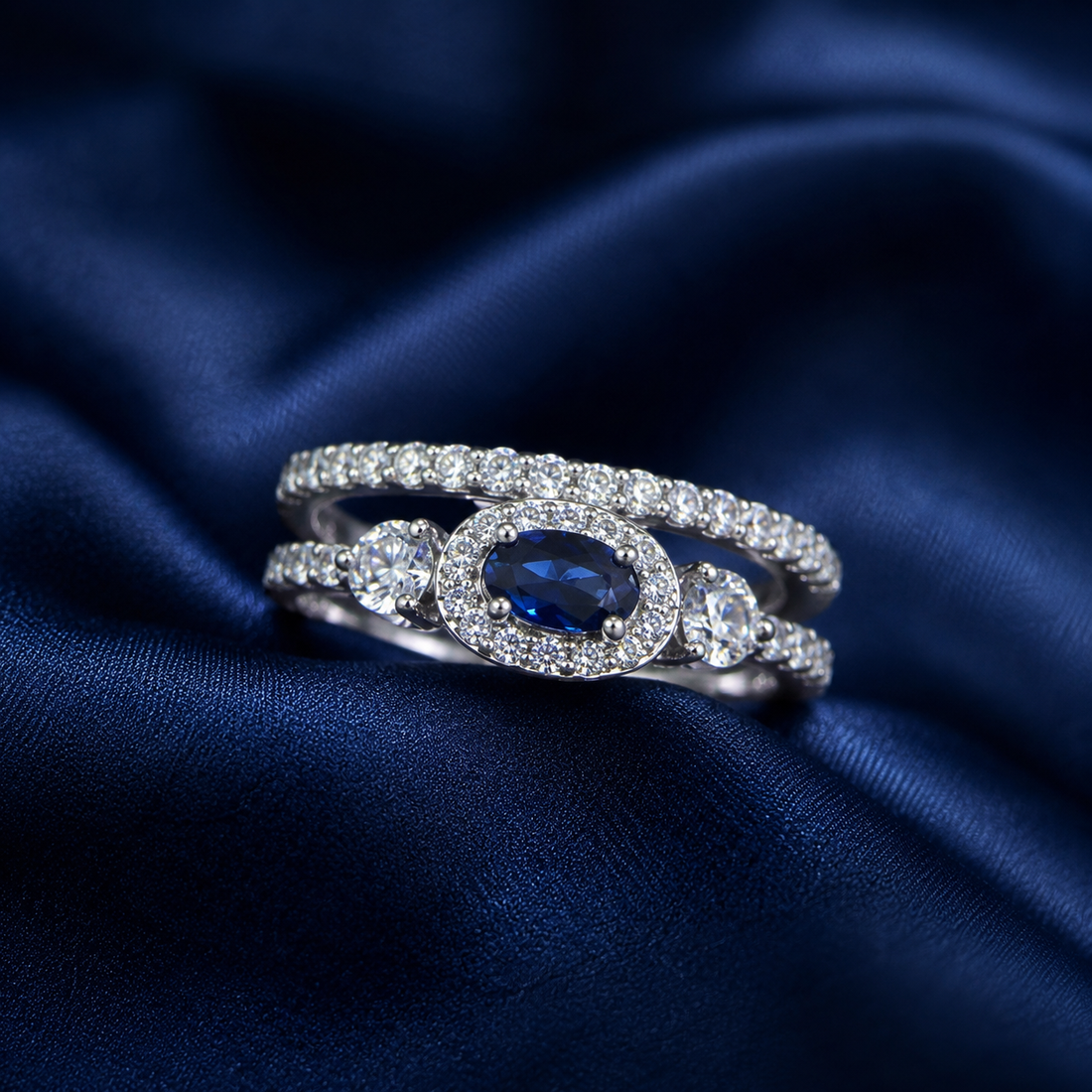 Sterling Silver Blue Oval Double-Halo Ring for Women - Silver Finish - front view