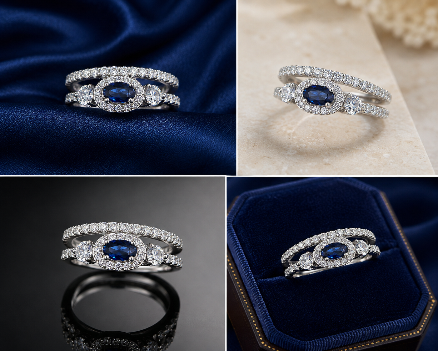 Sterling Silver Blue Oval Double-Halo Ring for Women - Silver Finish - alternate view 2