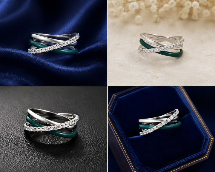 Sterling Silver Green Enamel Crisscross Ring for Women - Silver Finish - front view