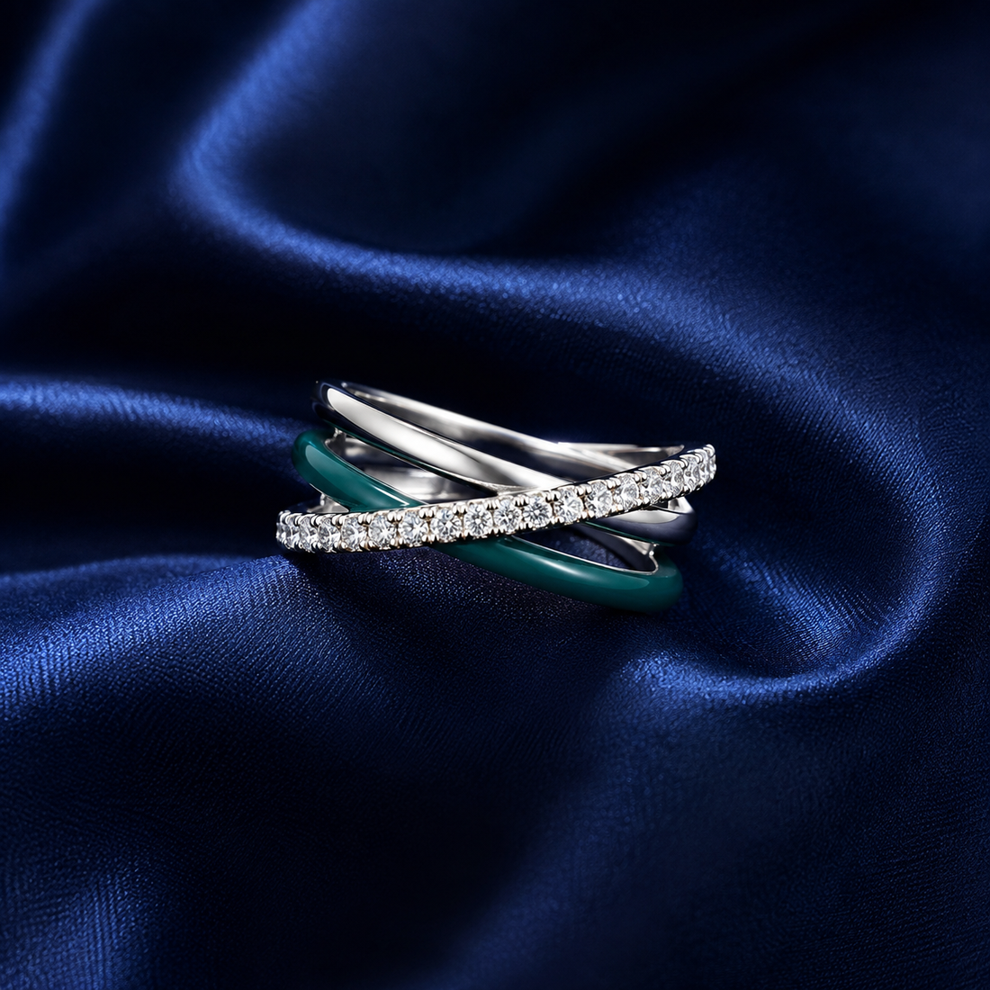 Sterling Silver Green Enamel Crisscross Ring for Women - Silver Finish - alternate view 2