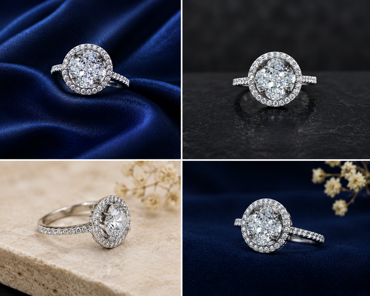 Sterling Silver Oval Halo Solitaire Ring for Women - Silver Finish - front view