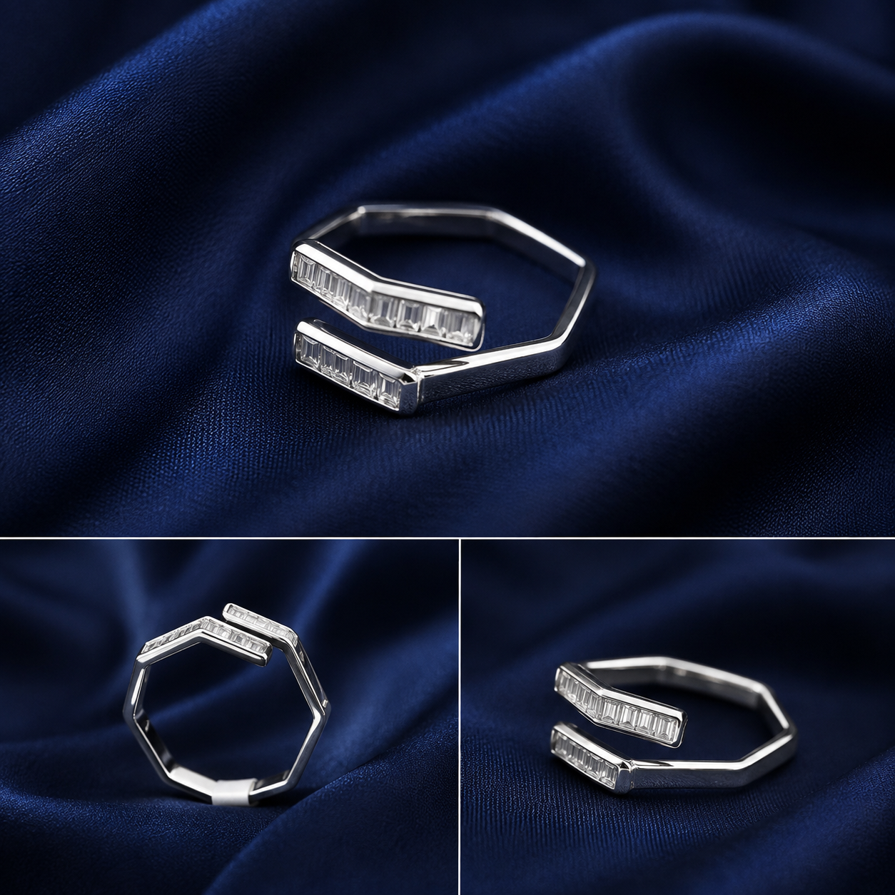 Sterling Silver Geometric Octagon Baguette Ring for Women - Silver Finish - front view