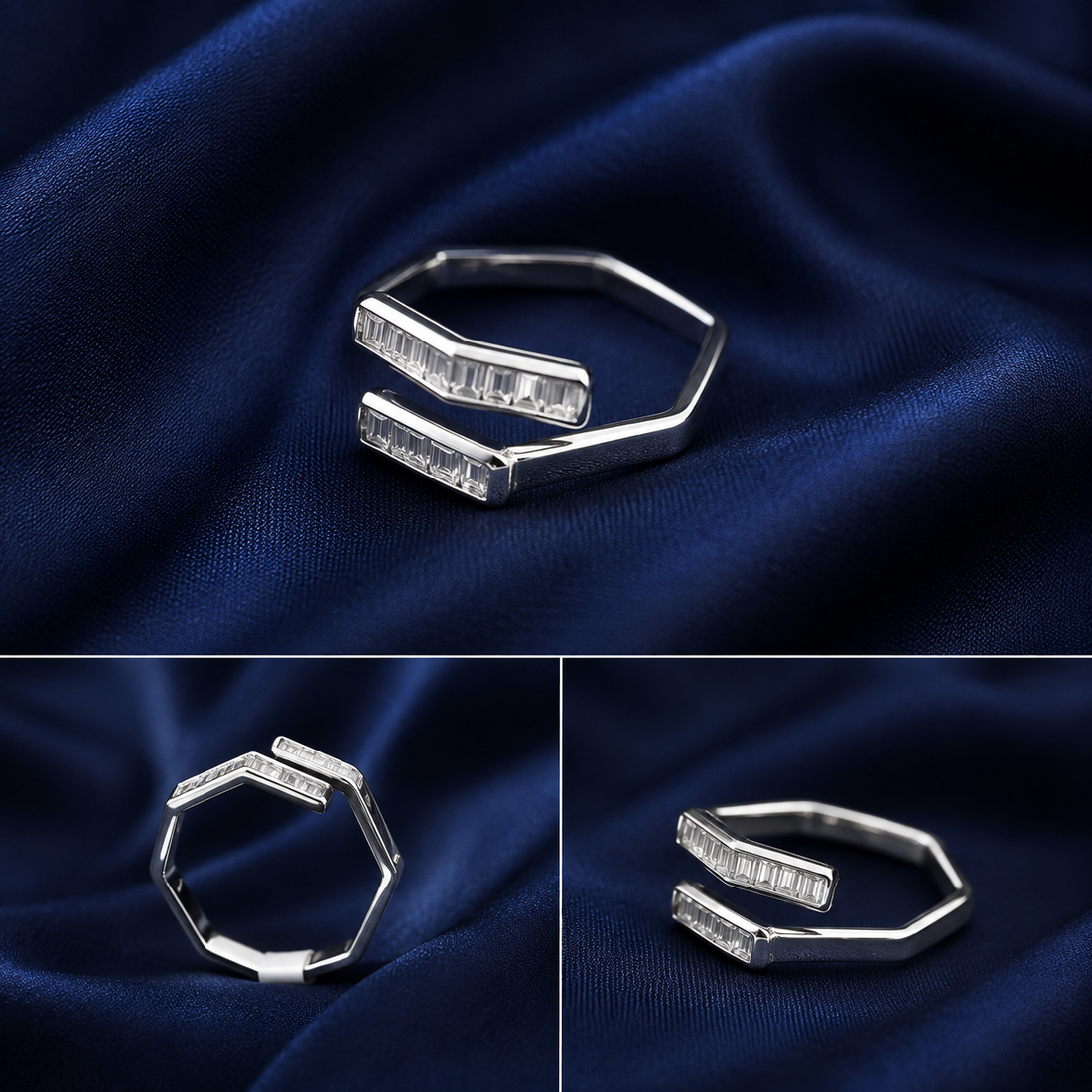 Sterling Silver Geometric Octagon Baguette Ring for Women - Silver Finish - front view