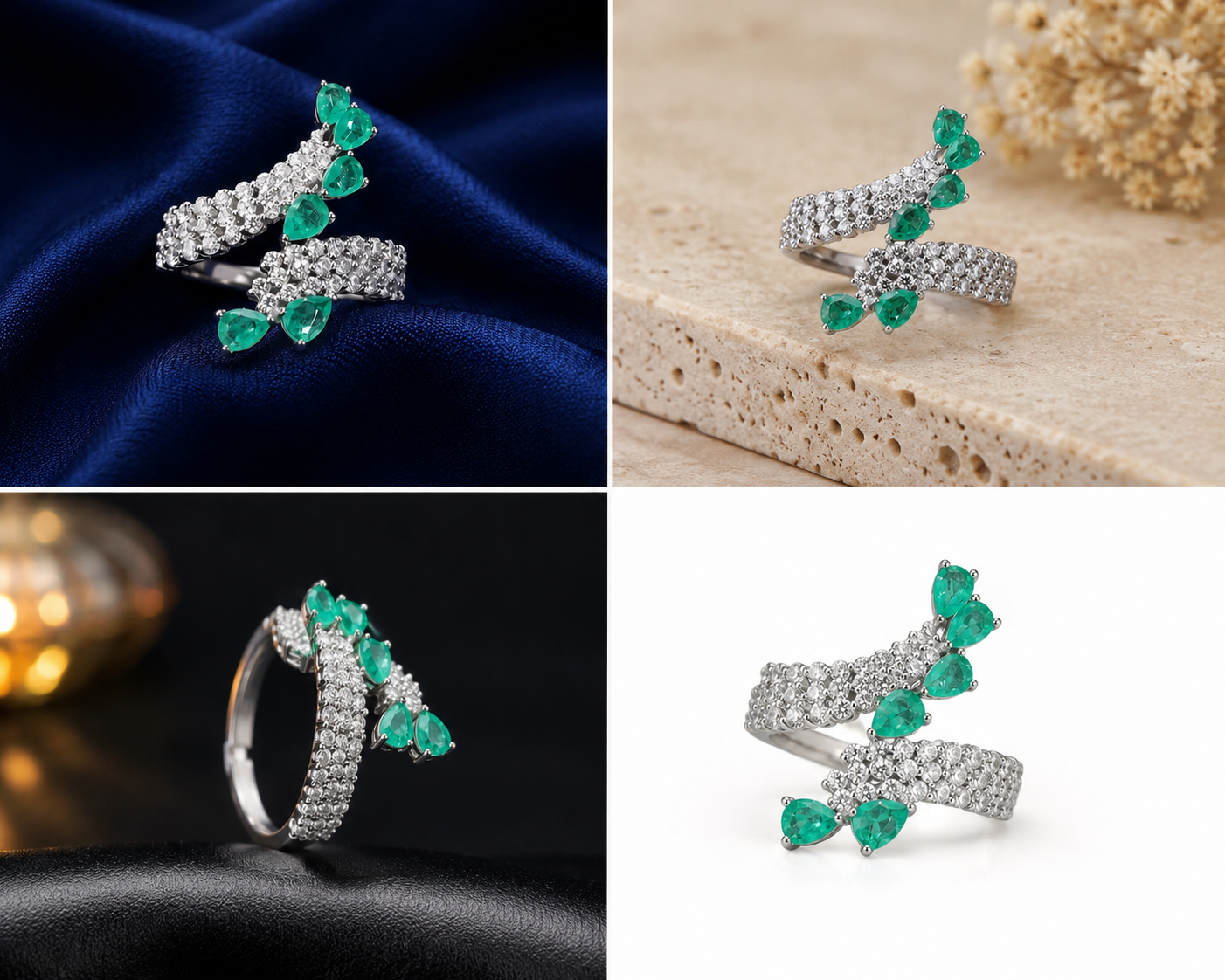 Sterling Silver Green Leaf Vine Wrap Ring for Women - Silver Finish - front view