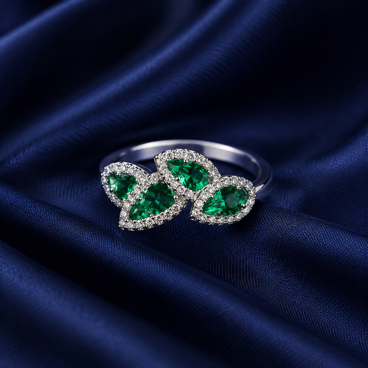 Sterling Silver Green Triple-Marquise Band for Women - Silver Finish - front view