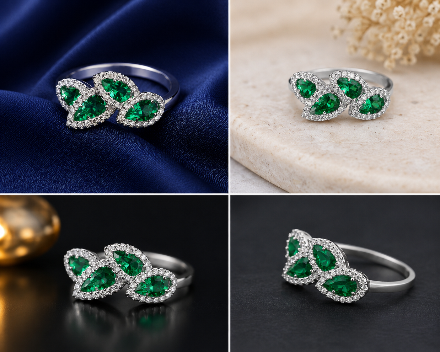 Sterling Silver Green Triple-Marquise Band for Women - Silver Finish - alternate view 2