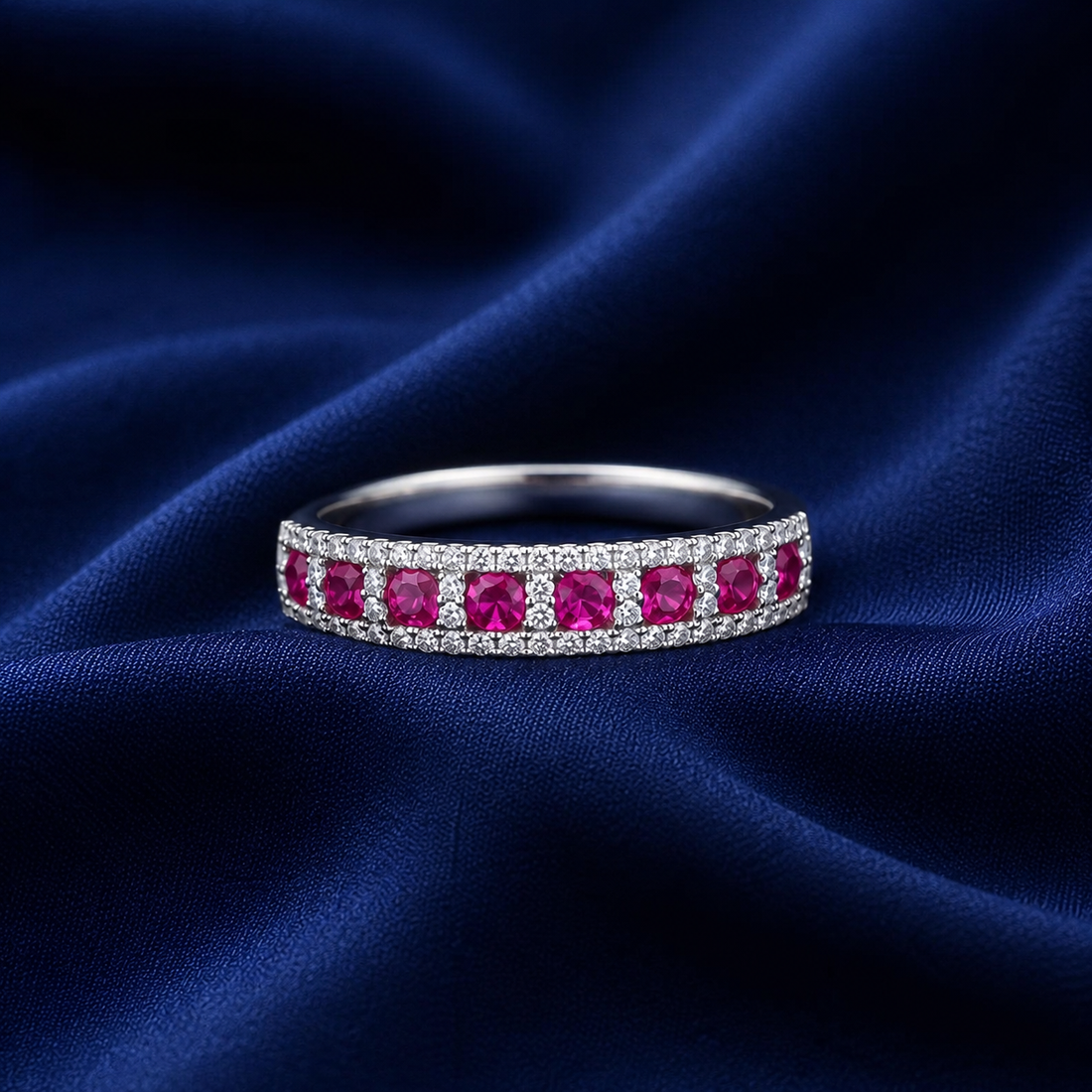 Sterling Silver Ruby Channel-Set Band for Women - Silver Finish - front view