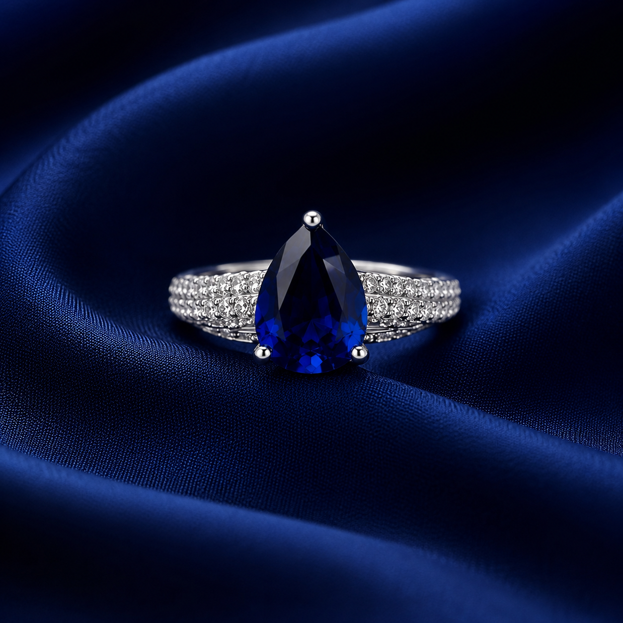 Sterling Silver Blue Pear Halo Ring for Women - Silver Finish - front view