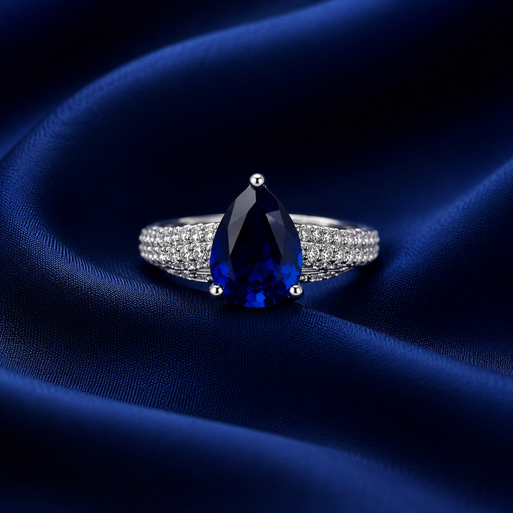 Sterling Silver Blue Pear Halo Ring for Women - Silver Finish - front view