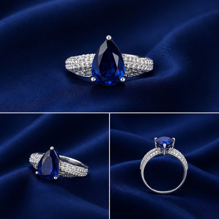 Sterling Silver Blue Pear Halo Ring for Women - Silver Finish - alternate view 2