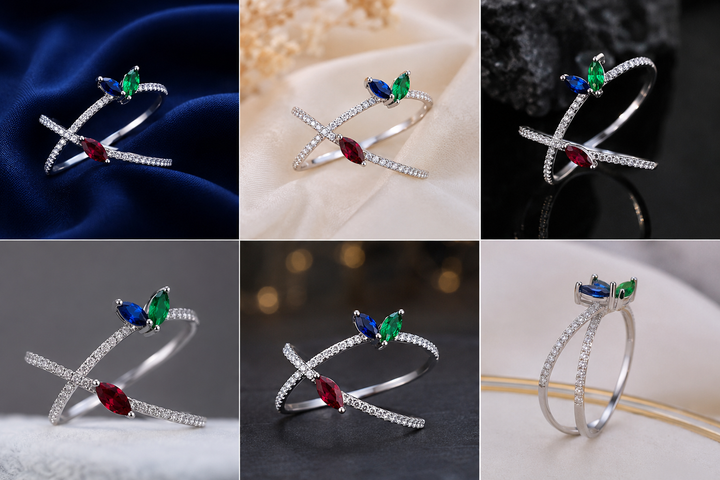 Sterling Silver Multicolour Marquise Cross Ring for Women - Silver Finish - front view